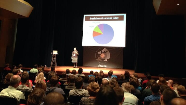 Miriam Schwab speaking about making mistakes as a WordPress freelancer at WordCamp Europe