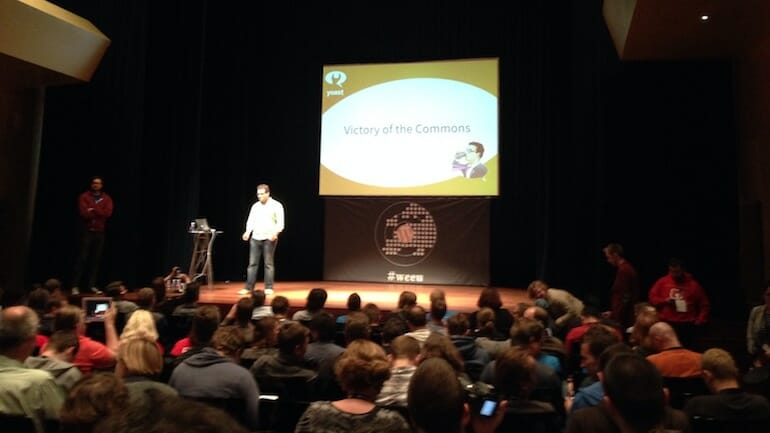 Joost De Valk encouraging all of us to make more money so the community gets stronger at WordCamp Europe
