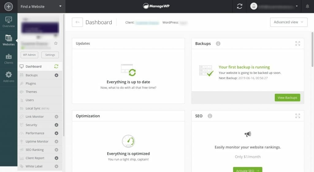 ManageWP Website Dashboard