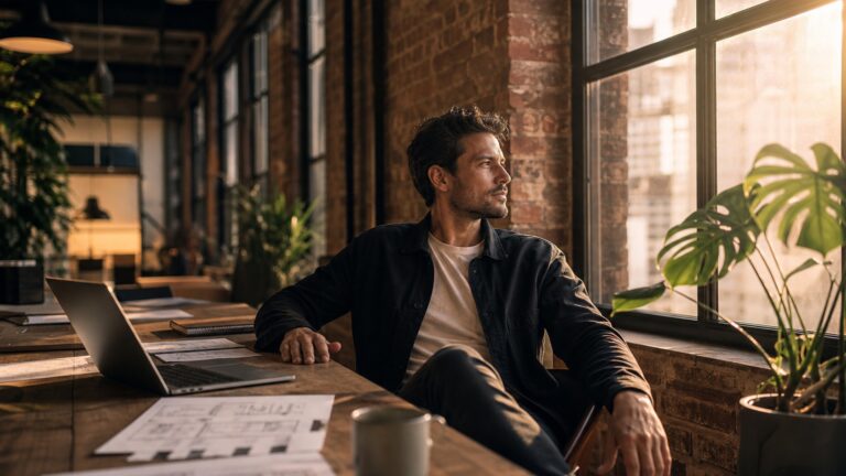 Agency professional contemplating the future of AI in a Melbourne warehouse office at golden hour