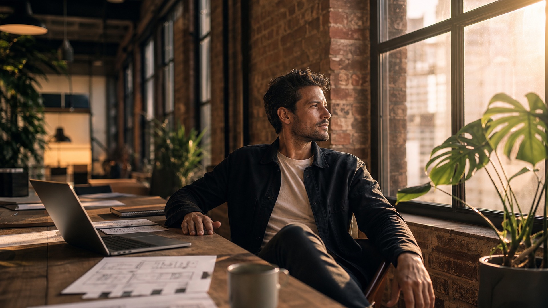 Agency professional contemplating the future of AI in a Melbourne warehouse office at golden hour